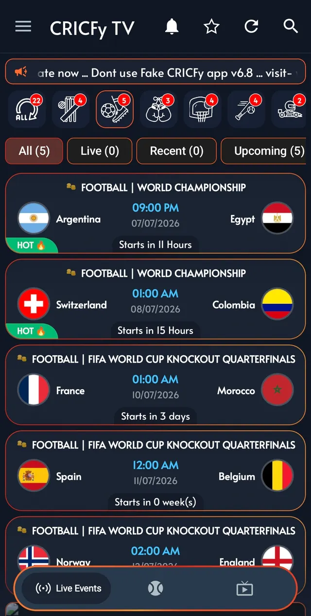 Cricfy TV app showing live FIFA World Cup 2026 fixtures