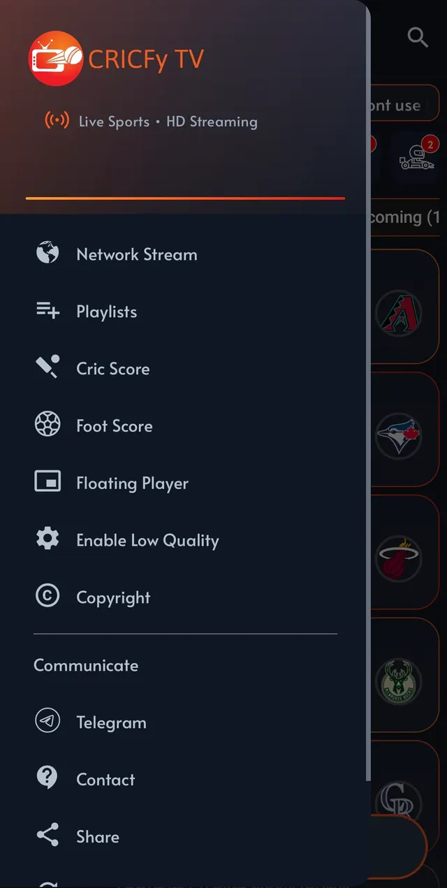 Side menu with Network Stream, Playlists, Cric Score and Foot Score